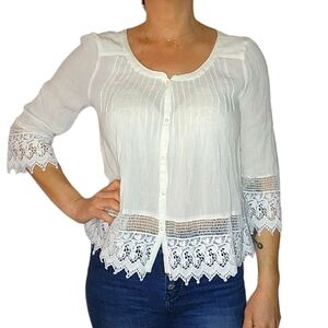 American Eagle Boho Lace Button-Up Blouse Size Small White Long Sleeve